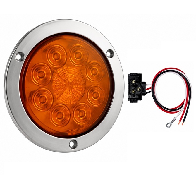 LUZ DE STOP MULTIVOLTAJE, LED AMARILLA REDONDA DE 4", CON BASE CROMADA Y CONECTOR