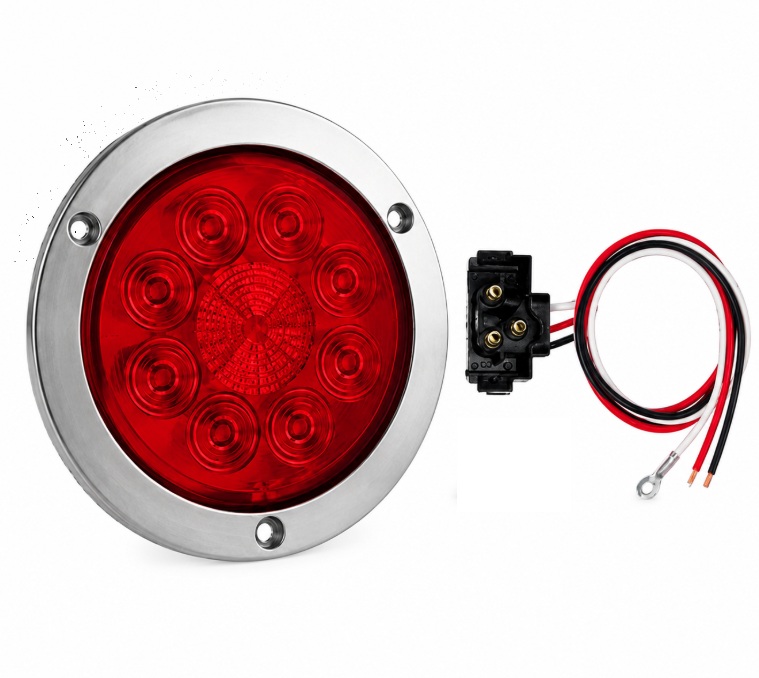 LUZ DE STOP MULTIVOLTAJE, LED ROJA REDONDA DE 4", CON BASE CROMADA Y CONECTOR